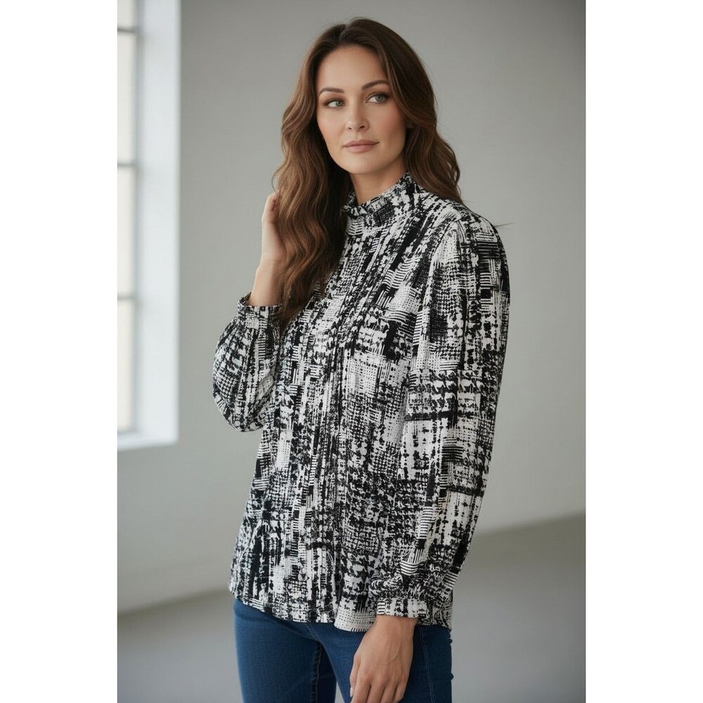 New Karl Lagerfeld Paris Ruffle Blouse Black & White Abstract Print Sz Small $89